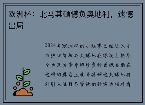 欧洲杯：北马其顿憾负奥地利，遗憾出局