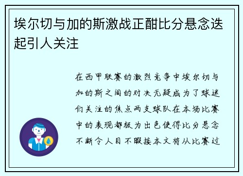 埃尔切与加的斯激战正酣比分悬念迭起引人关注